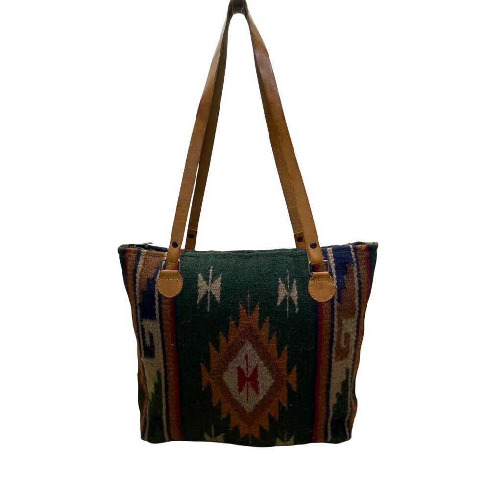 Handcrafted Women’s Green Woven Southwestern Boho With Leather Straps Tote Bag - Picture 3 of 8